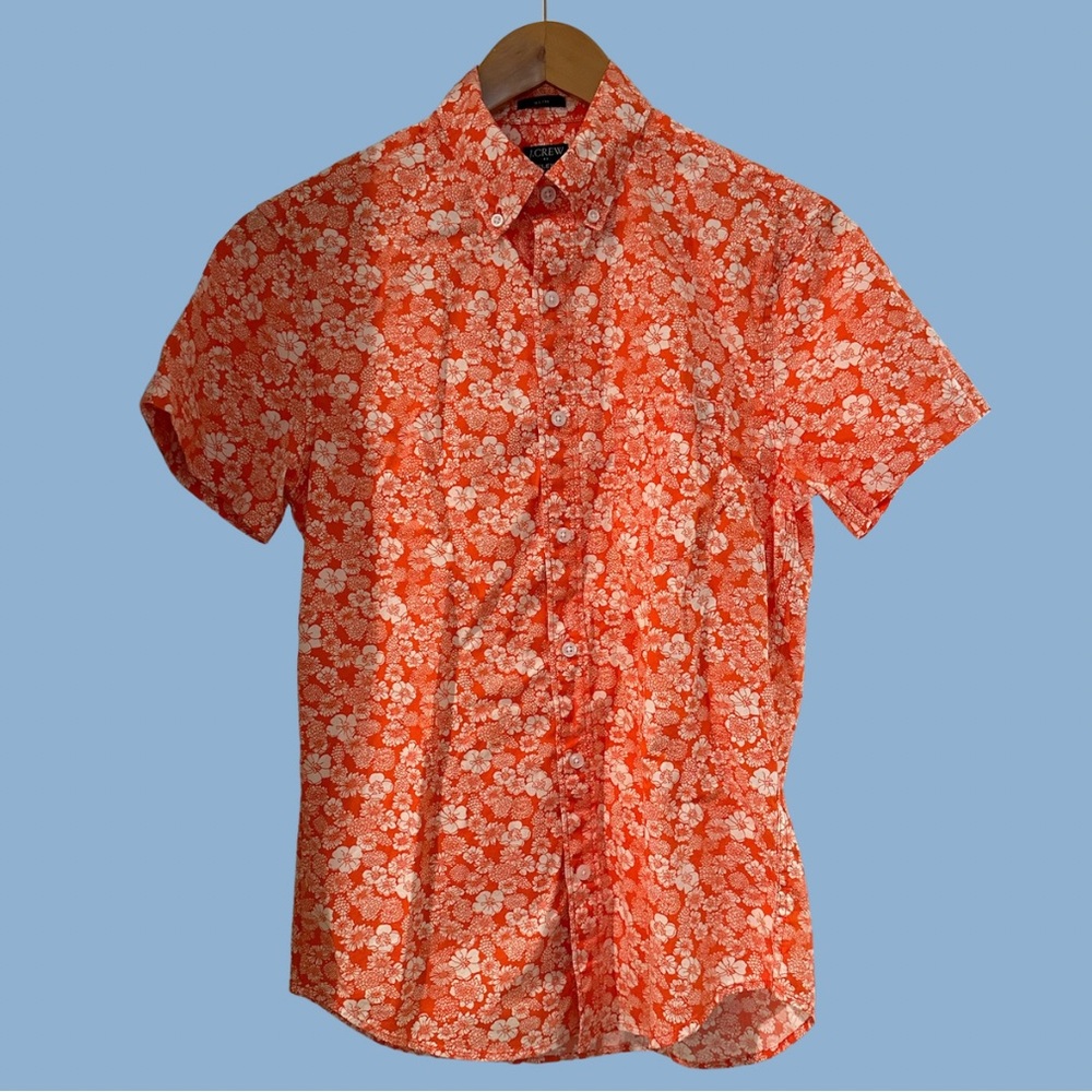 J. Crew NWT Orange Floral Slim Flex Washed Button Front Shirt Size Small.